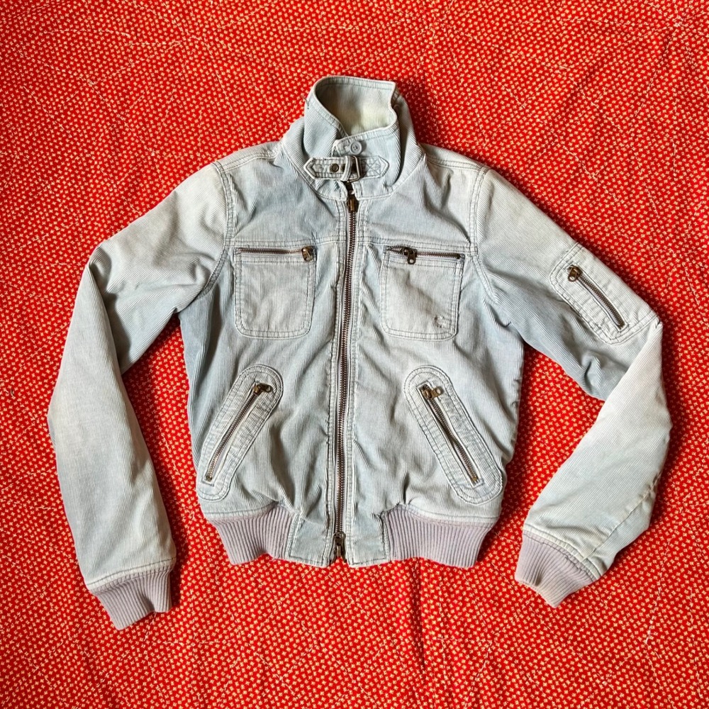 Vintage 2000s Abercrombie & Fitch Light Blue Corduroy Bomber Moto Jacket Medium